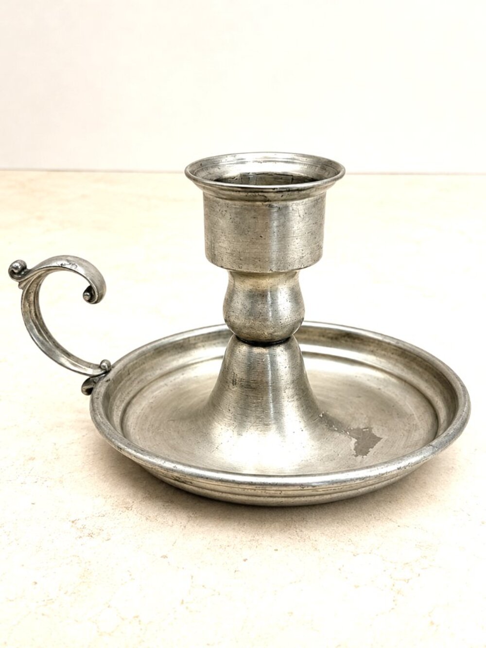 Vintage Pewter Chamberstick Candlestick Finger Handle Colonial Style 5.5"